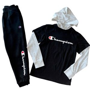 Champion Boys Sz M 2 Piece Bundle Black Gray Long Sleeve Hoodie Tee Joggers Set